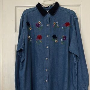 Casey Max Floral Embroidered Denim Shirt with Black Velvet Collar XL